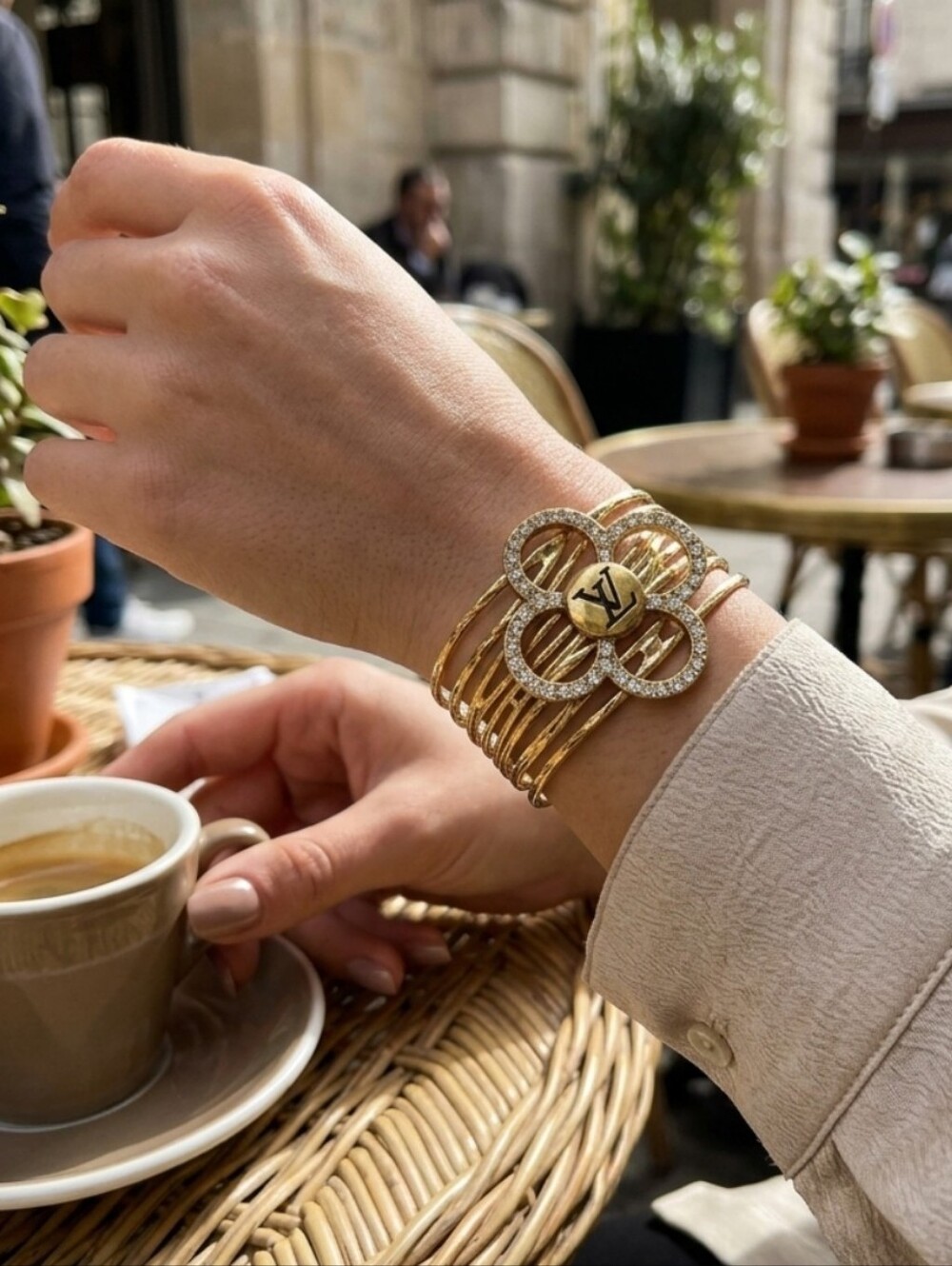 Gold Plated Bangle, LV Crystal Blossom, New, Adjustable